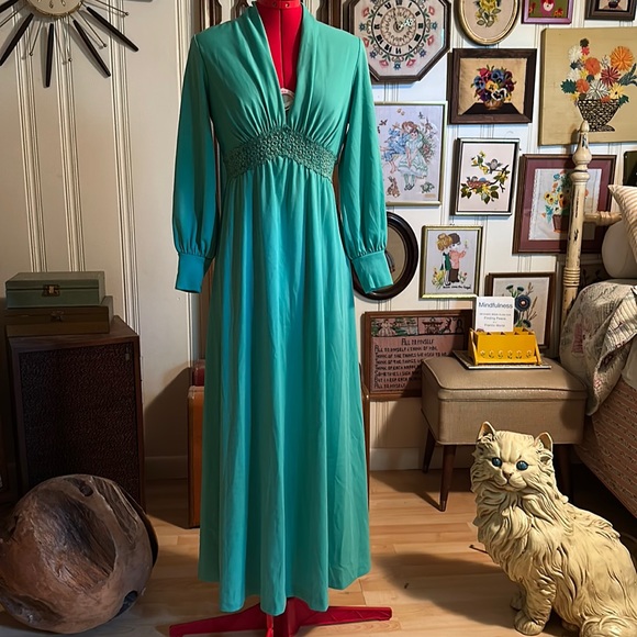 Vintage 70s Aqua Polyester Gown - Picture 1 of 7